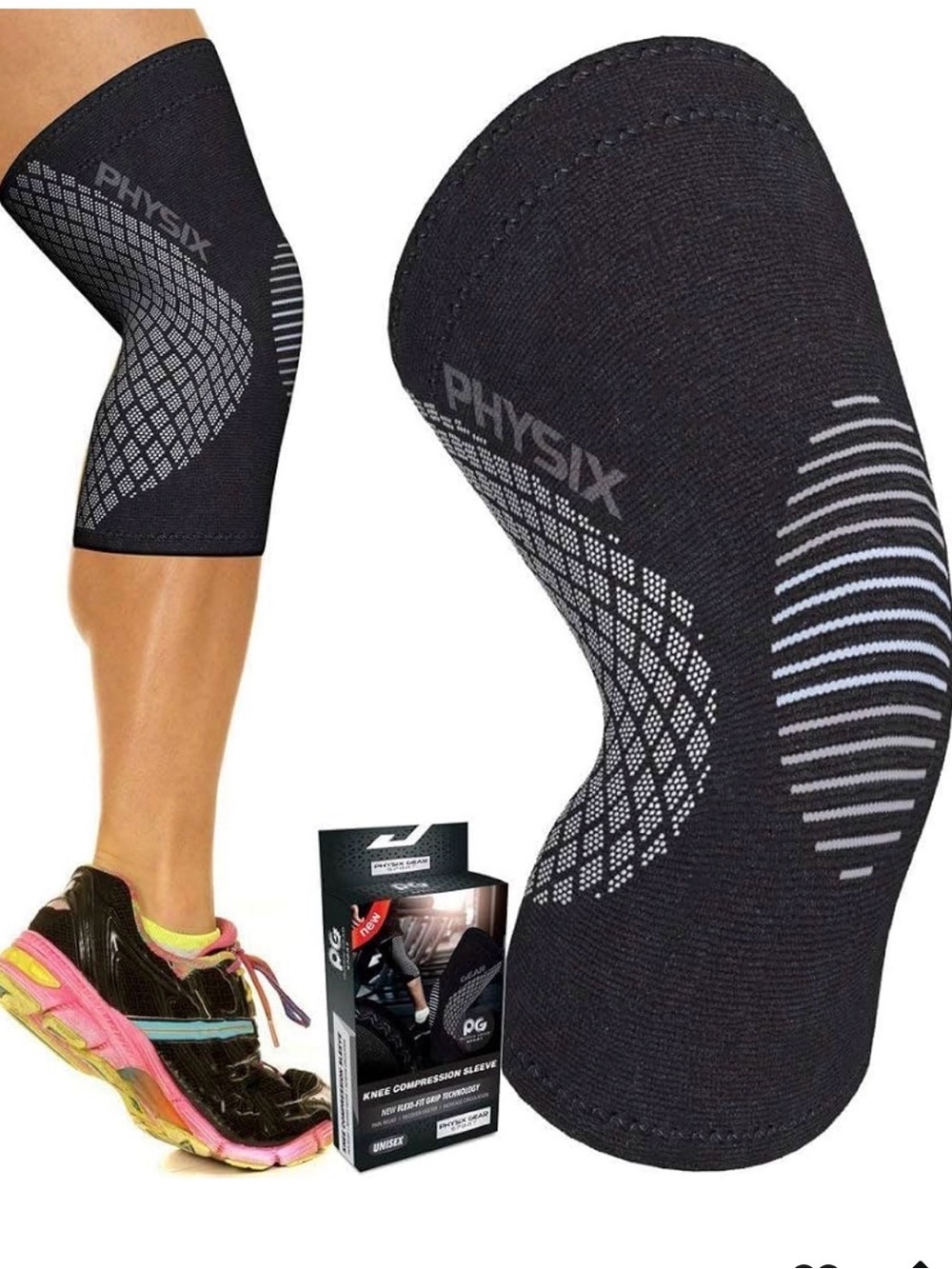 NWOT-PHYSIX Black Compression Knee Sleeve with Gray Accents